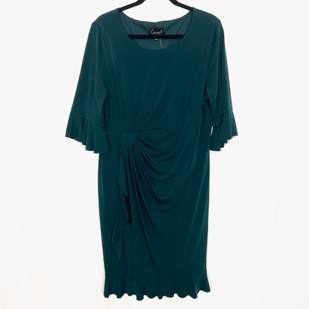 NWT Connected Apparel Fitted Draped‎ Cocktail Dress Hunter Green Ruffle Size 14W
